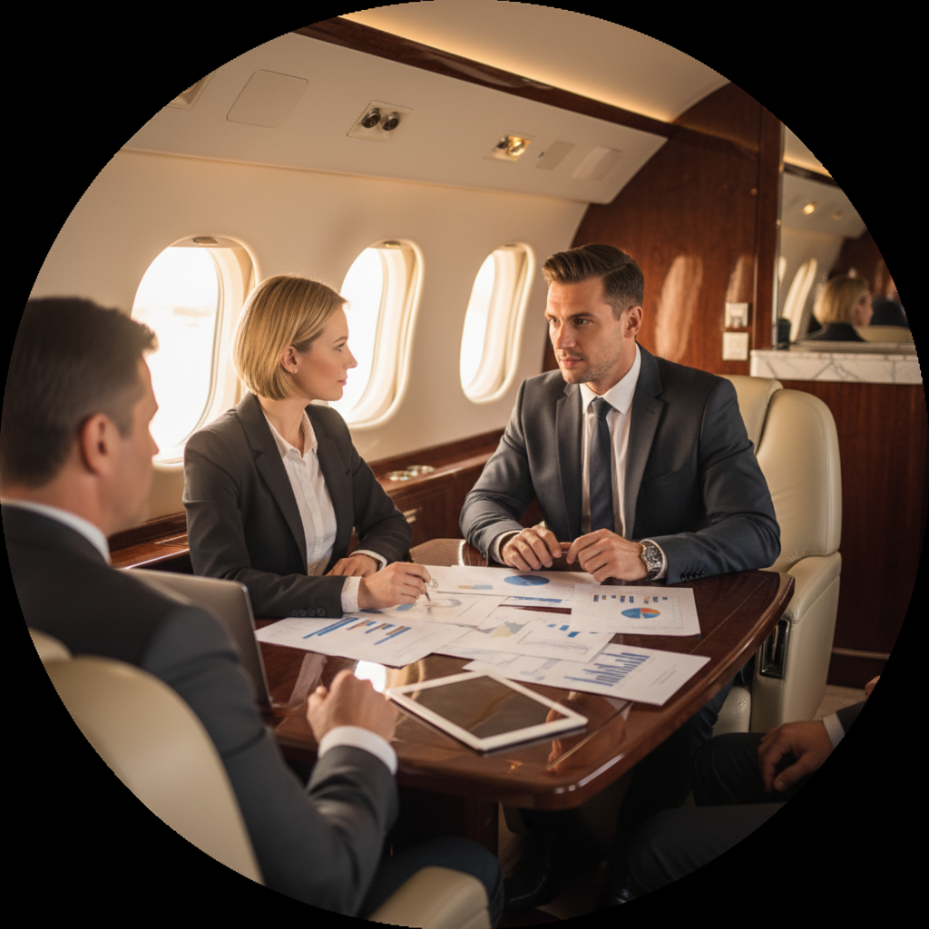 A high-end photo of an executive business meeting on a corporate jet