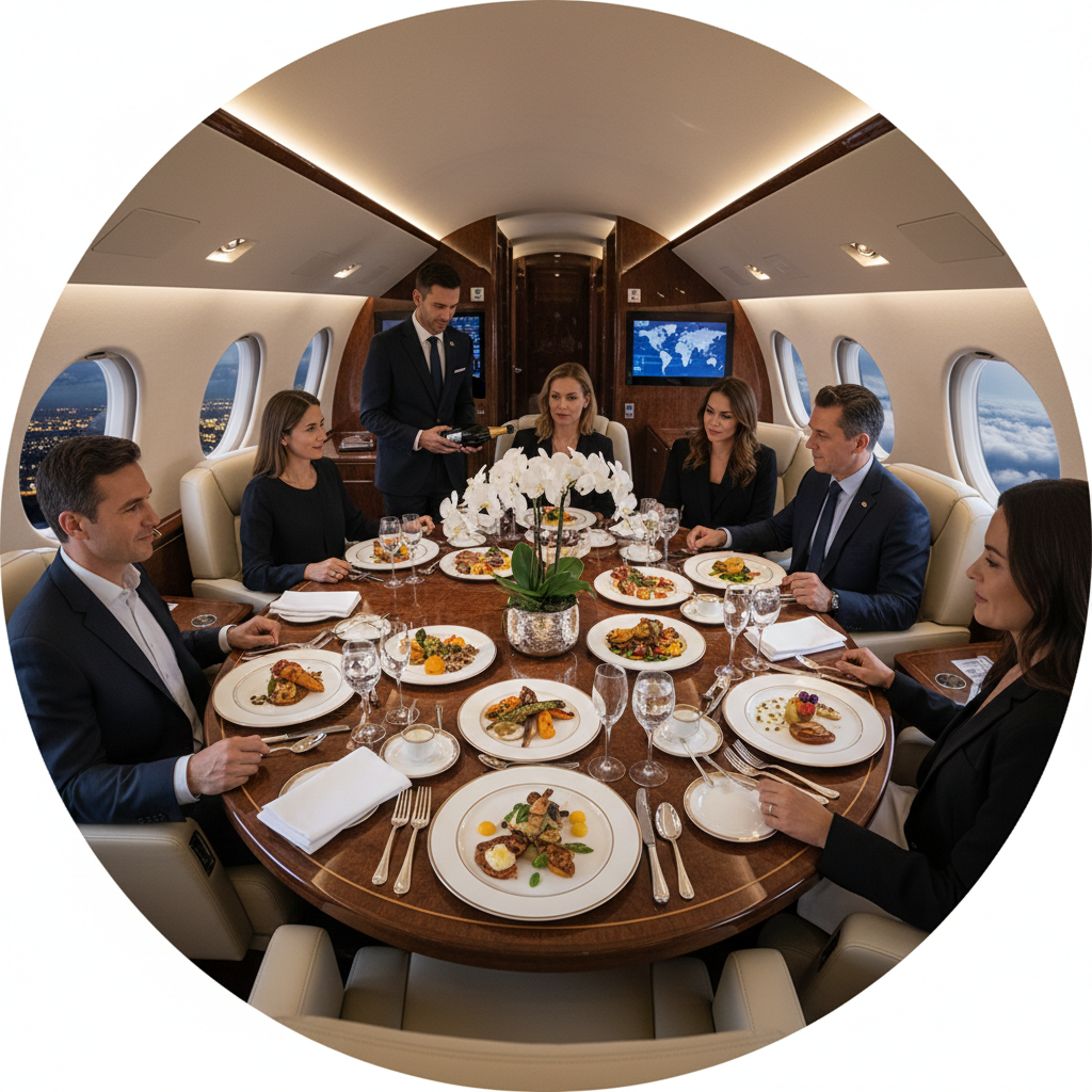 People enjoying a gourmet meal on a private jet