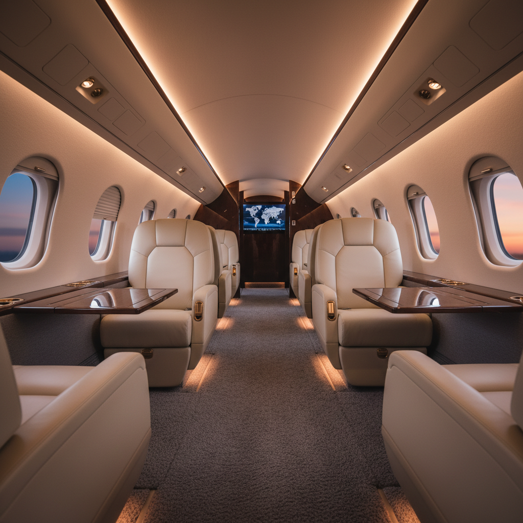 A high-end, modern luxury private jet interior with no people, featuring leather seats, wood accents, soft ambient lighting, and a clean aisle, photographed in a cinematic style