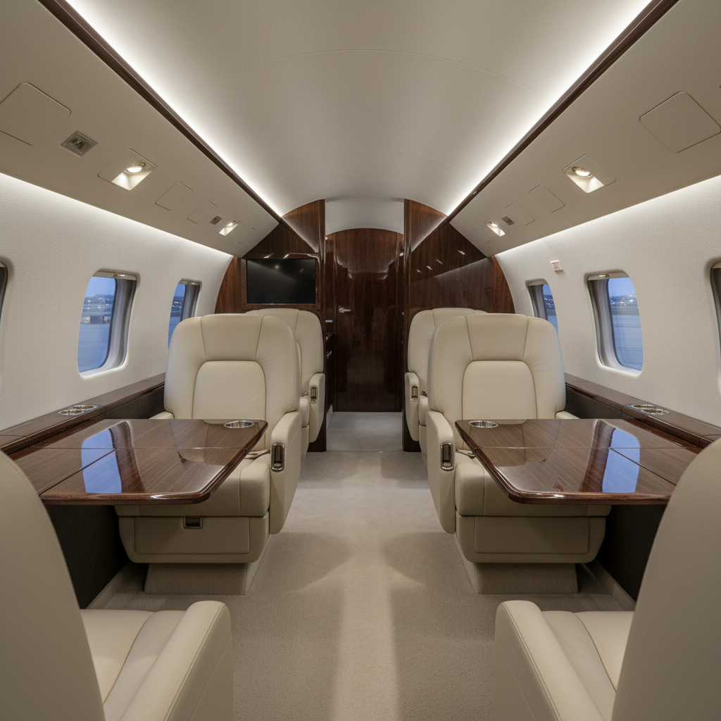 A luxurious private jet interior with cream leather seats